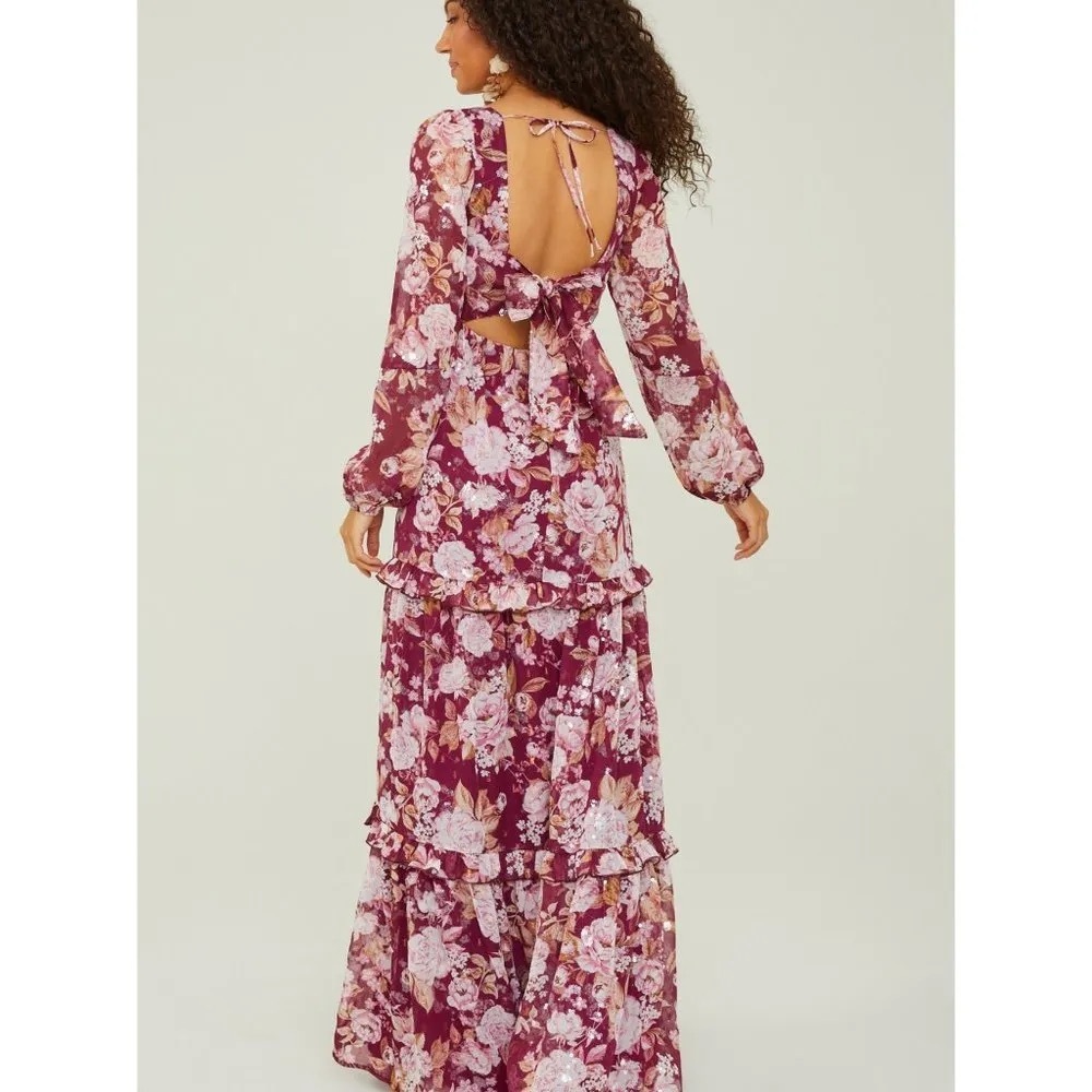 Altar’d State Sailor Floral Maxi Dress XS Burgundy Sequin